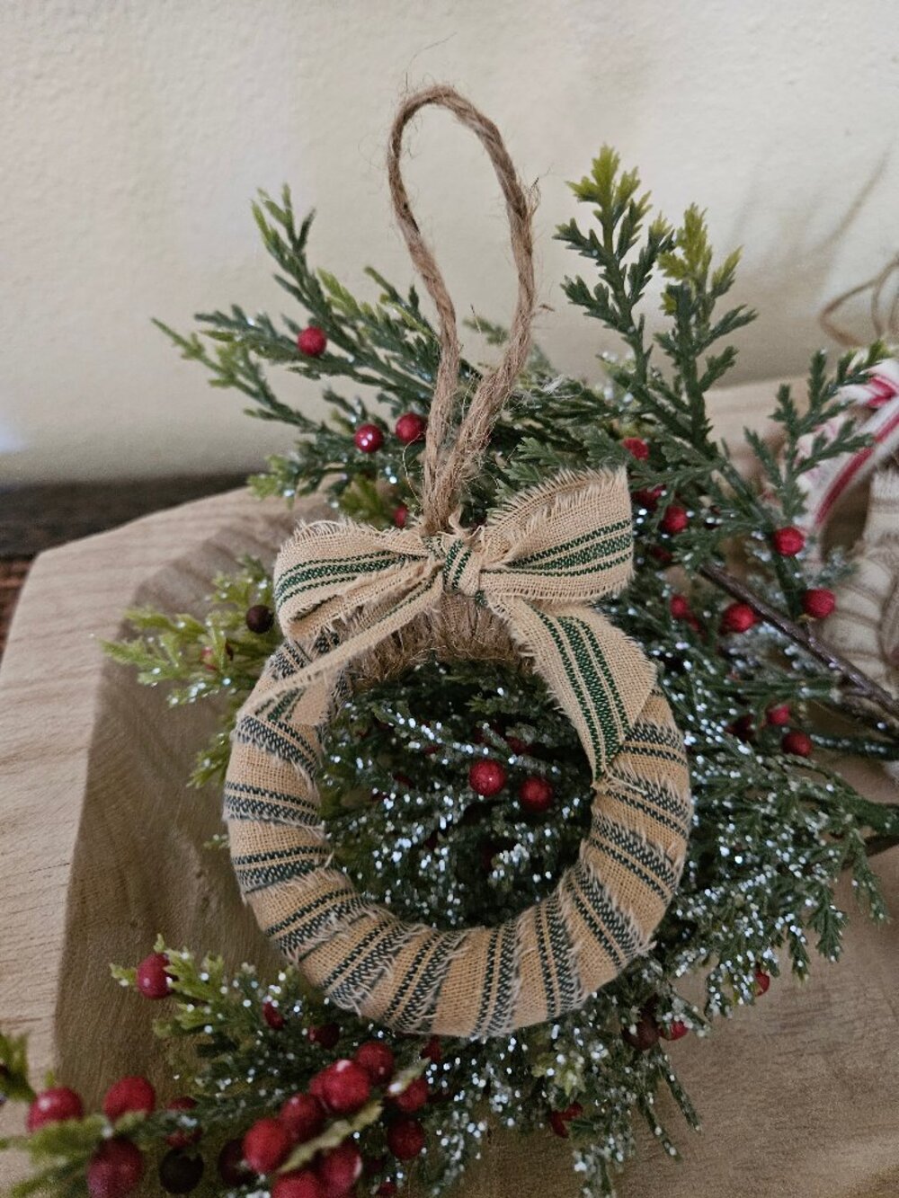 6 Primitive Farmhouse Rag Green & Cream Ticking Fabric wrapped Wood Holiday